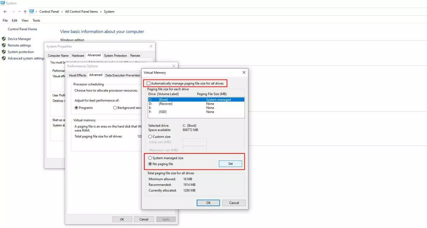 Image: Virtual memory settings in Windows 10