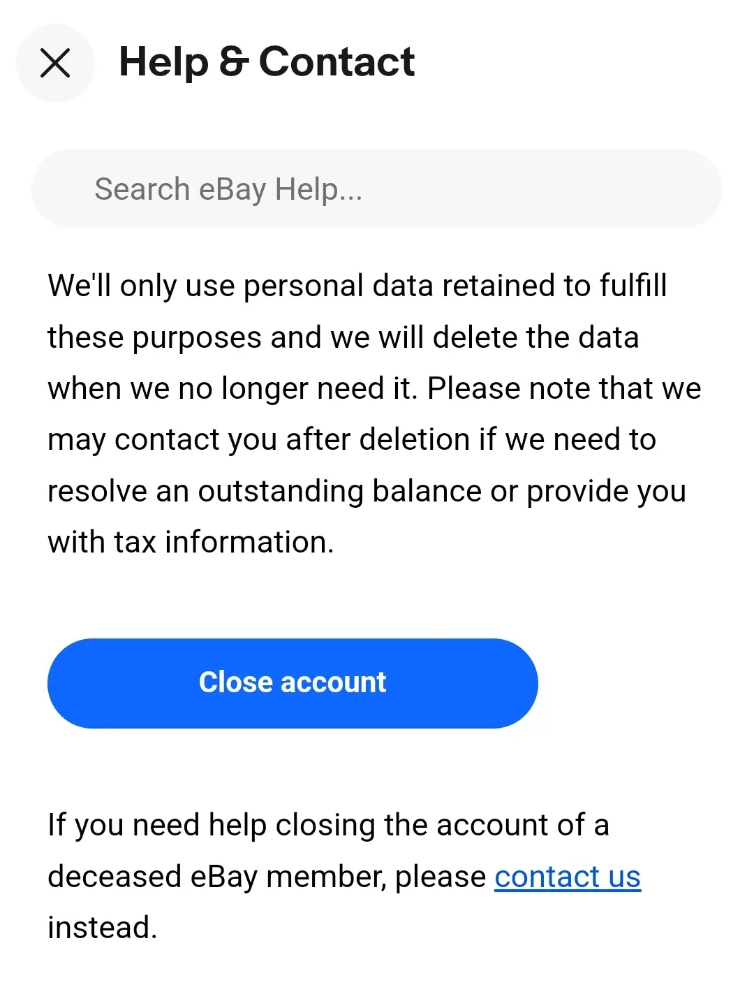 Image: Screenshot of the eBay Help page with the “Close account” button