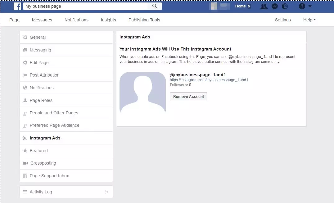 The Instagram profile is now linked to the Facebook account and appears in the overview