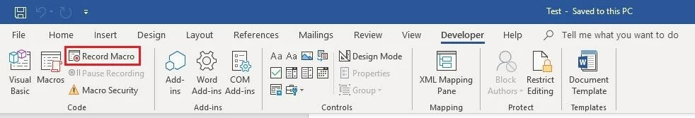Image: Word 2016: “Developer” tab