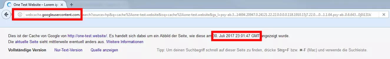 Information bar on a website loaded from Google cache