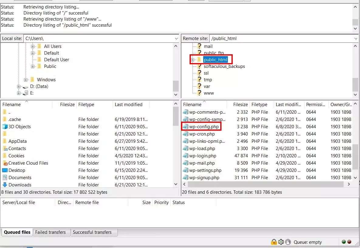 WordPress access using FileZilla: wp-config.php