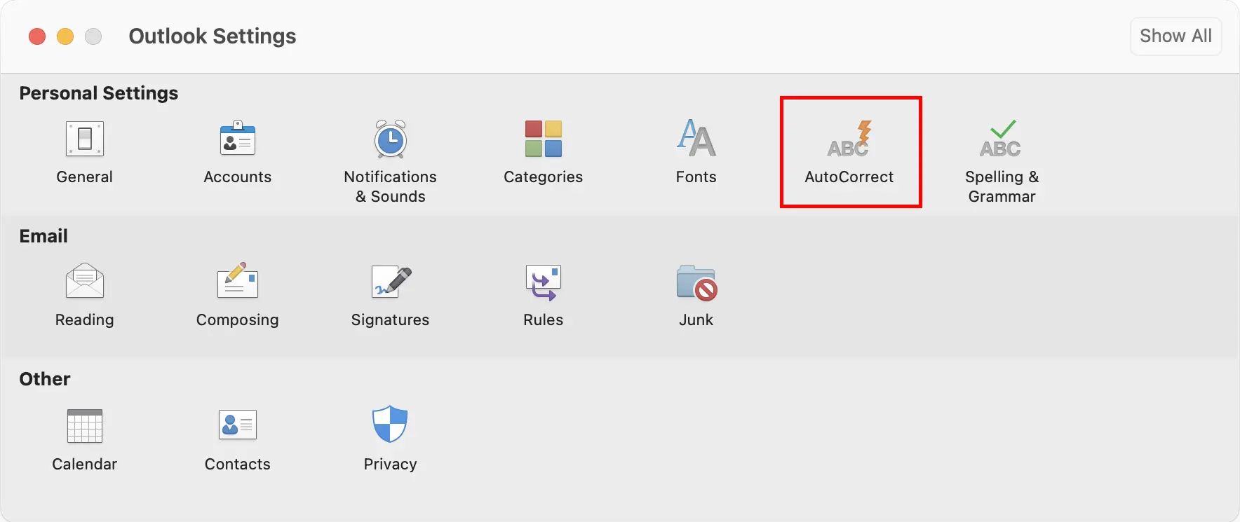 Image: Outlook for Mac: AutoCorrect menu item in the settings