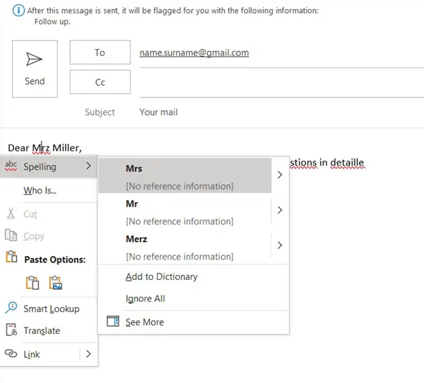 Image: Outlook spell check: Suggestions for correction