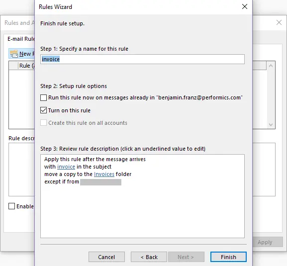 Outlook Rules Wizard: Setting up rule options Image: Outlook Rules Wizard: Setting up rule options