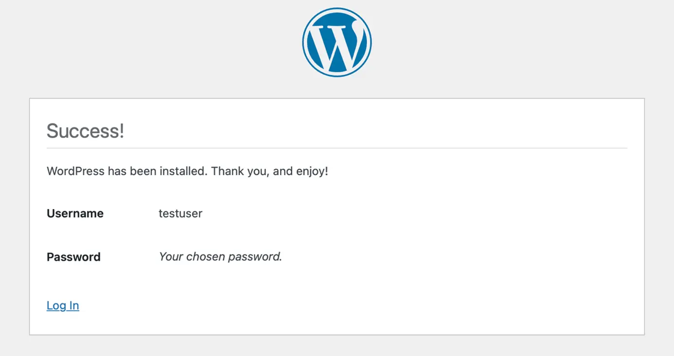 Screenshot of the successful WordPress installation Image: Screenshot of the successful WordPress installation
