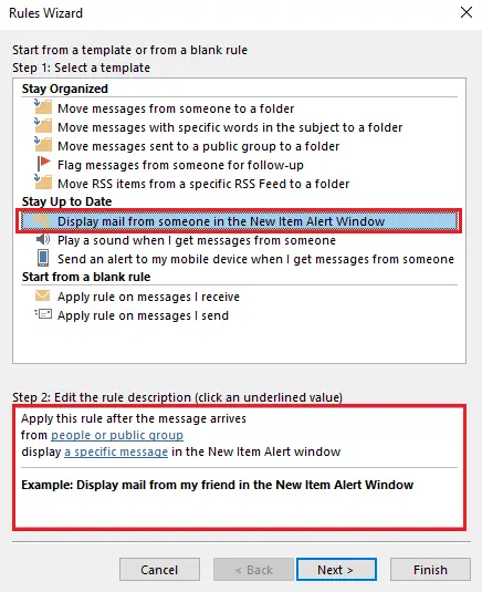Outlook Rules Wizard: Selecting rule templates Image: Outlook Rules Wizard: Selecting rule templates