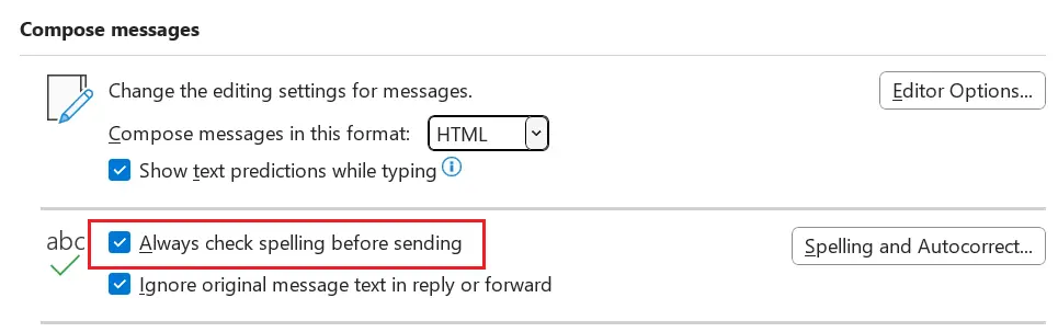 Image: Activate automatic spell check before sending in Outlook