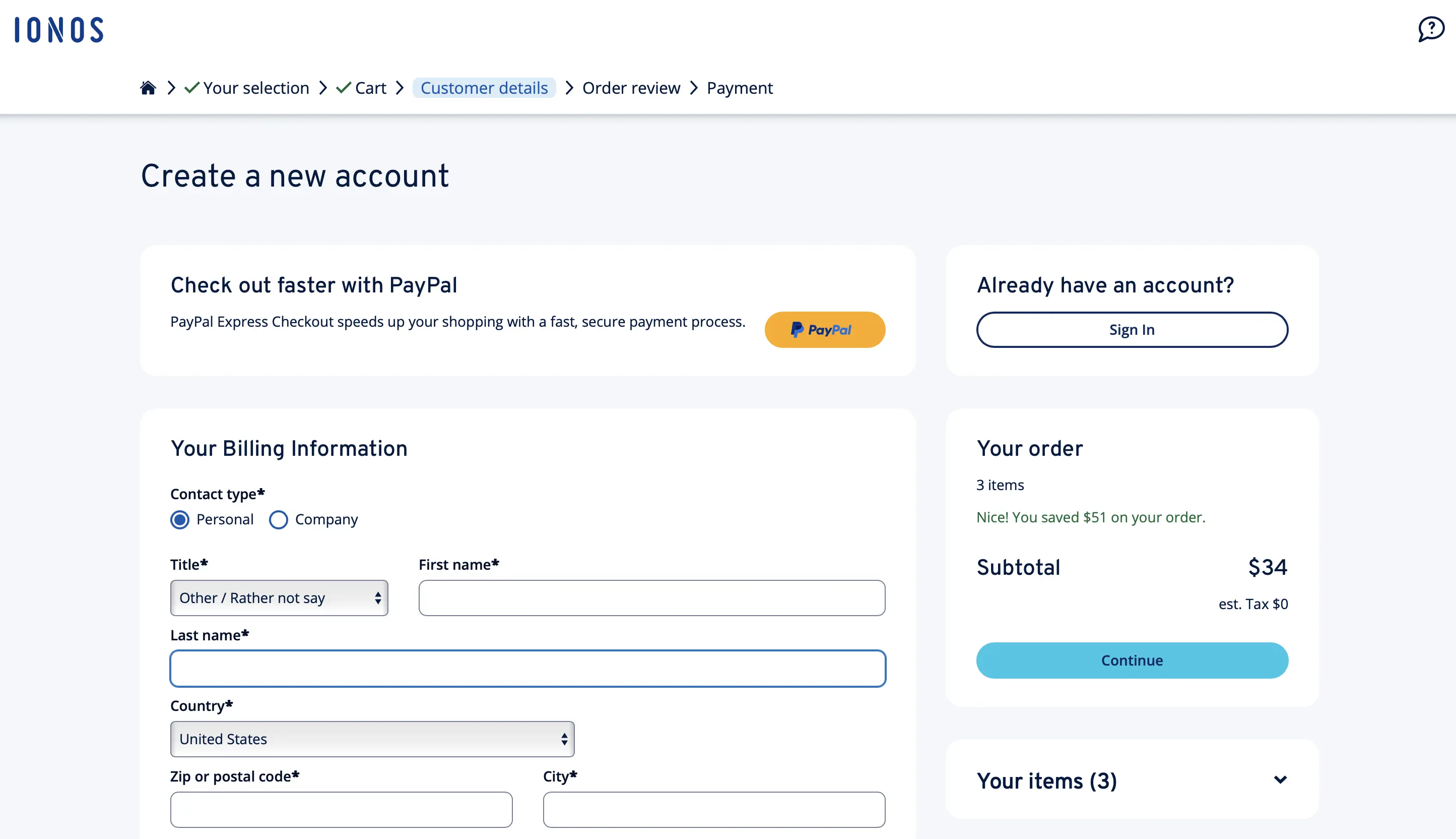 Image: Screenshot of IONOS registration