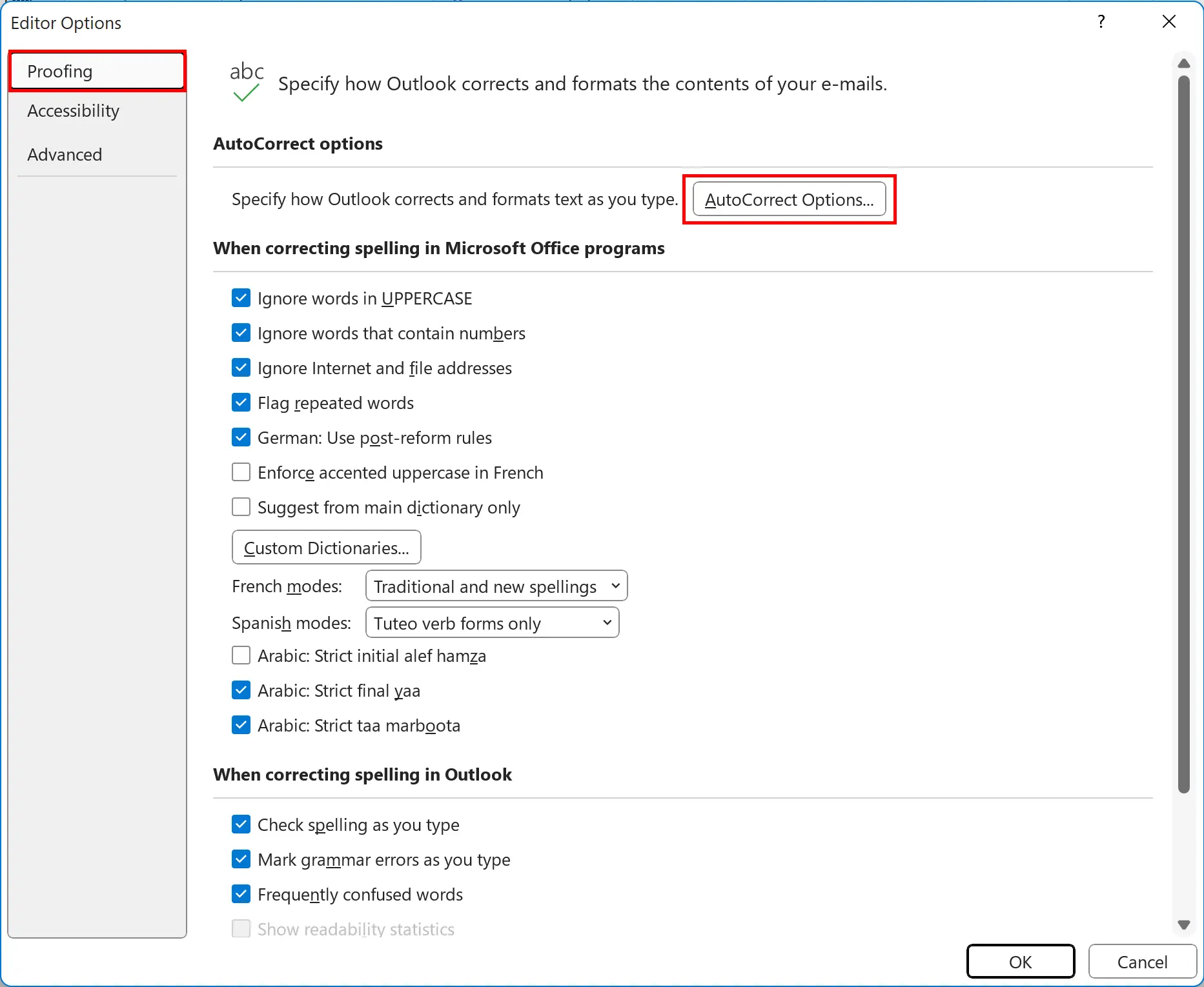 Image: Outlook Editor options: Proofing