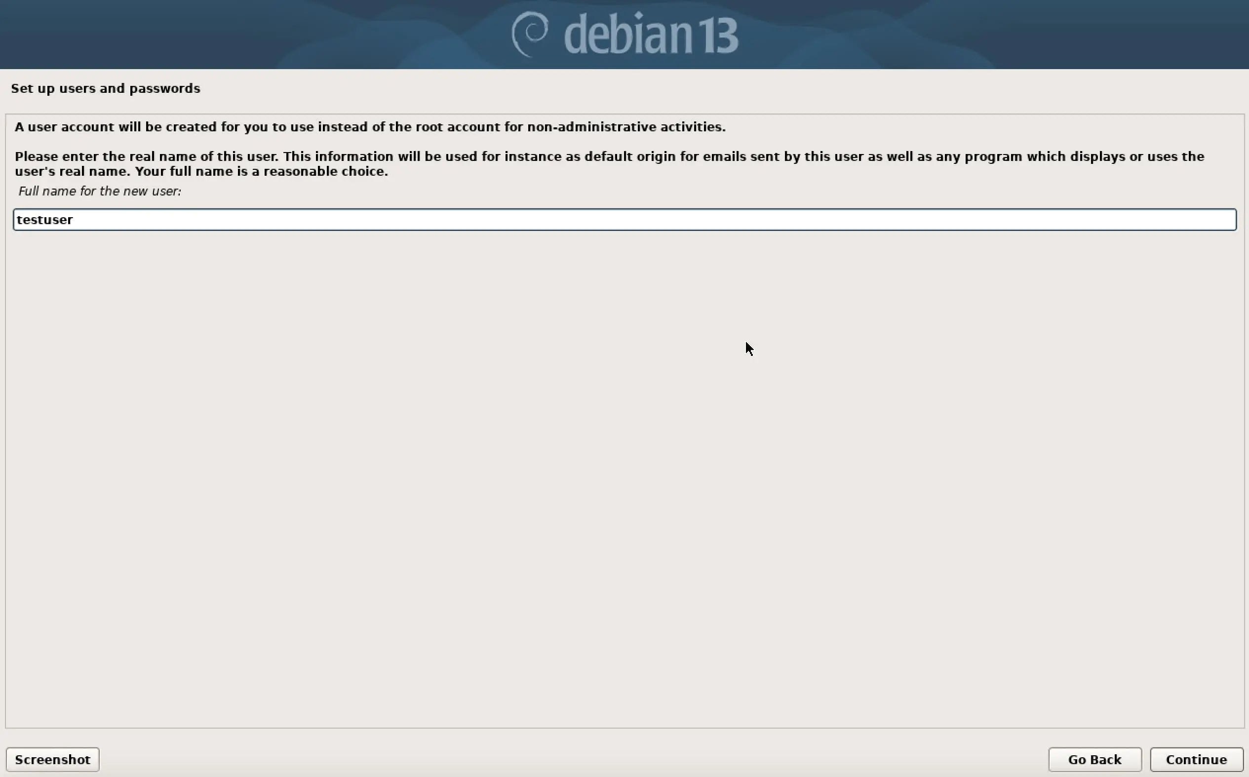 Screenshot of Debian 13 installation: Set Up User Image: Screenshot of Debian 13 installation: Set Up User