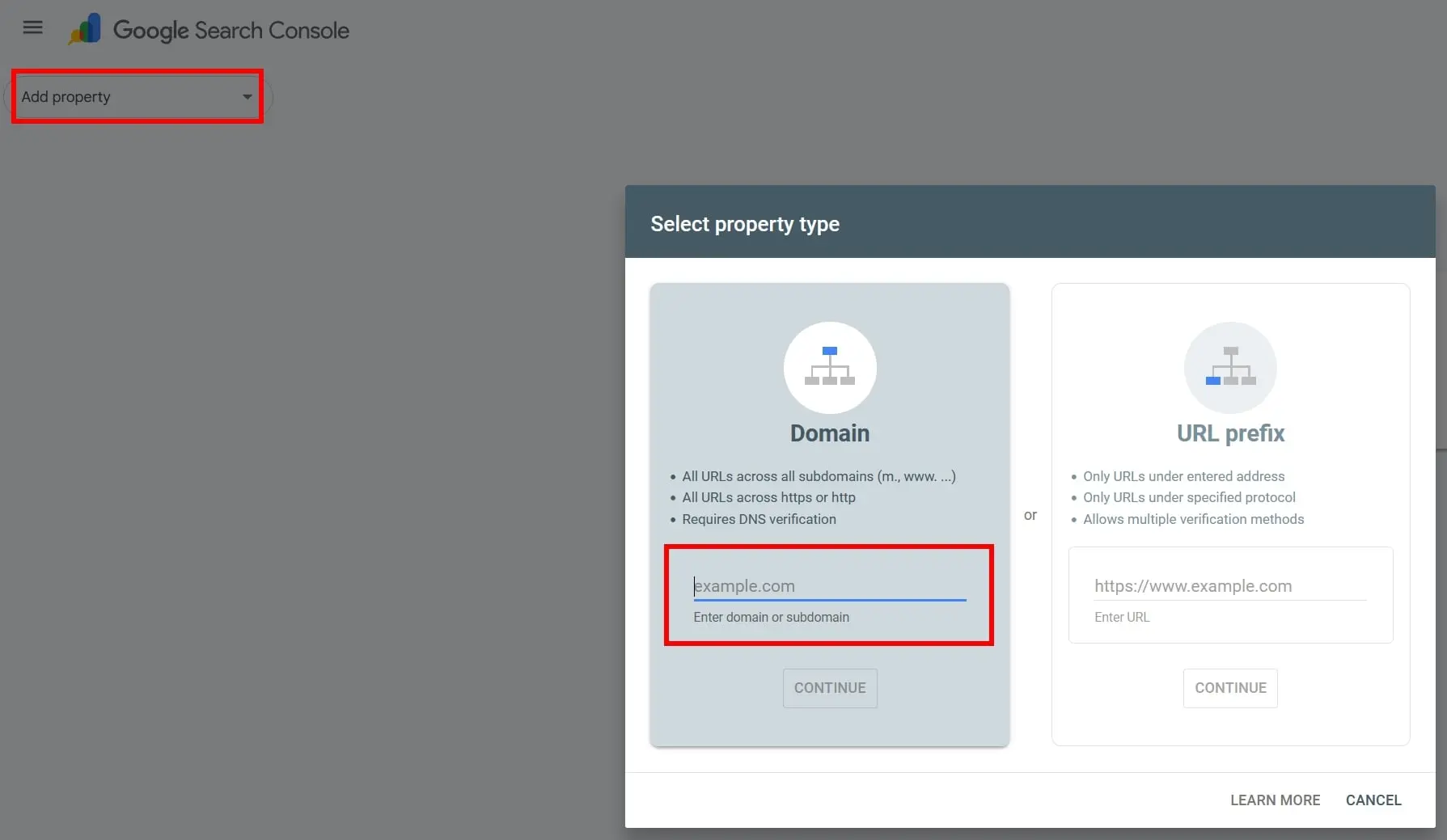 Google Search Console: Add property Image: Google Search Console: Add property