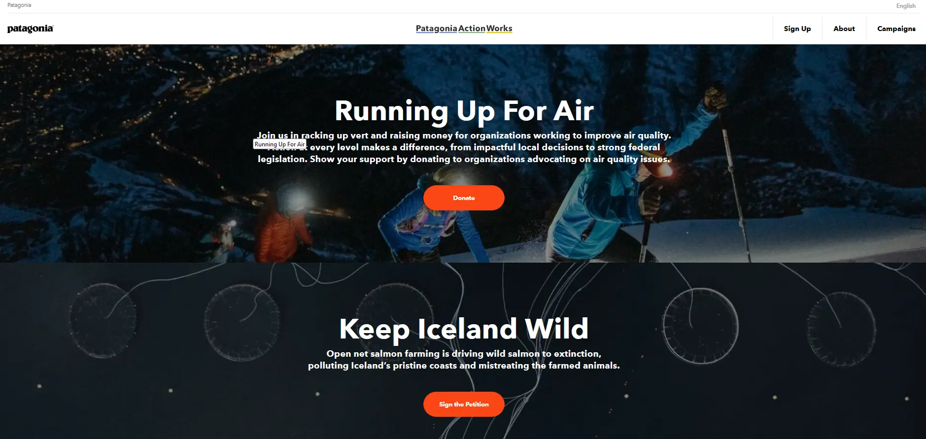 Alt-Text: Screenshot of the Patagonia website featuring sections on ocean conservation and community energy initiatives Image: Alt-Text: Screenshot of the Patagonia website featuring sections on ocean conservation and community energy initiatives