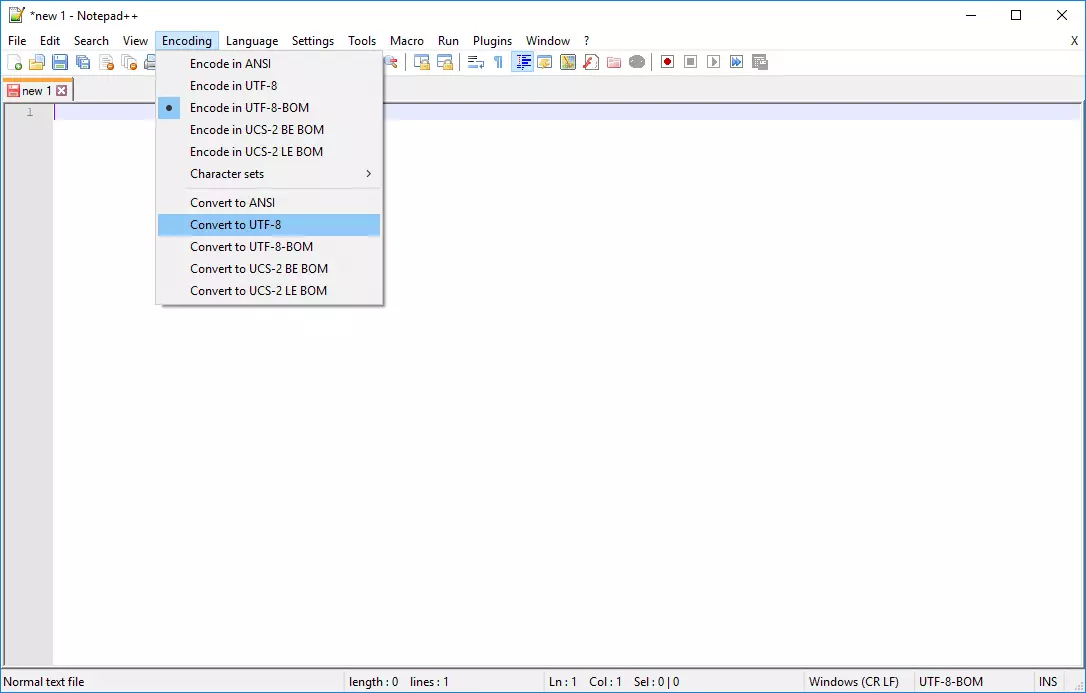 Image: Changing the encoding in Notepad++ to remove the byte order mark
