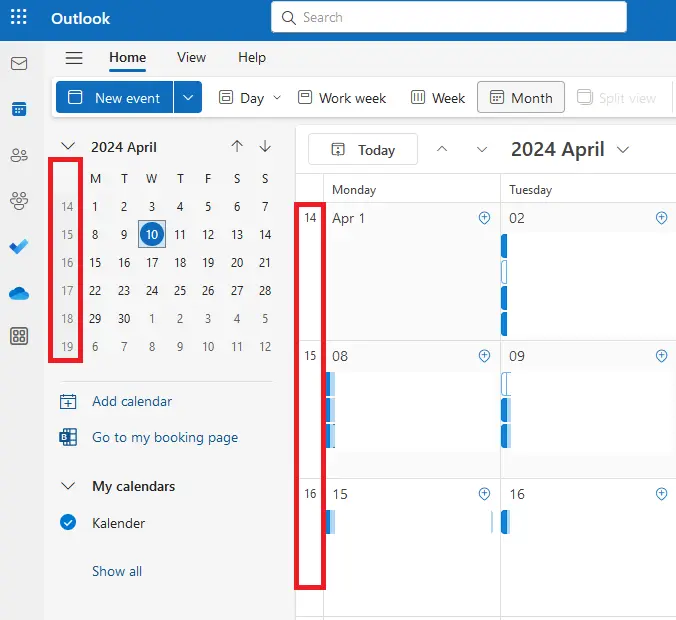 Outlook web calendar with week numbering Image: Outlook web calendar with week numbering