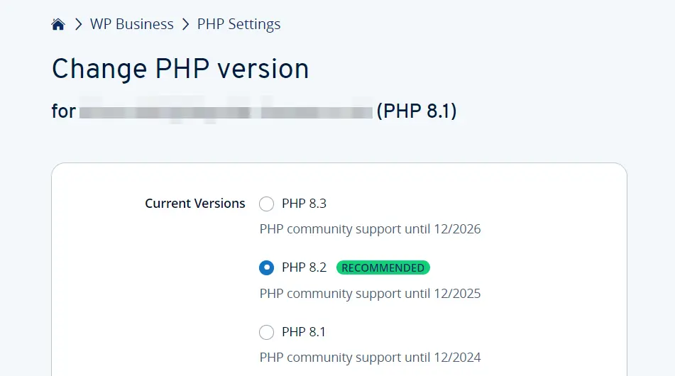 PHP version options for IONOS customer account Image: PHP version options for IONOS customer account
