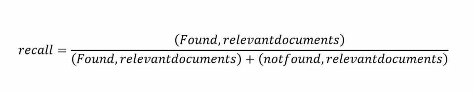 Image: recall=((Found,relevantdocuments))/((Found,relevantdocuments)+(notfound,relevantdocuments) )