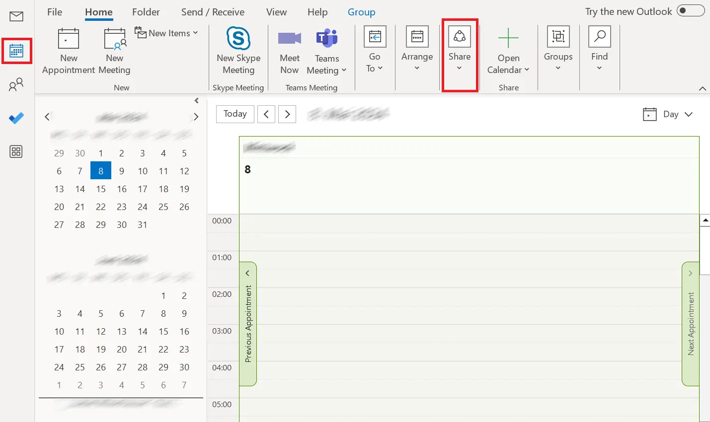 Image: Outlook: Calendar view for a single day