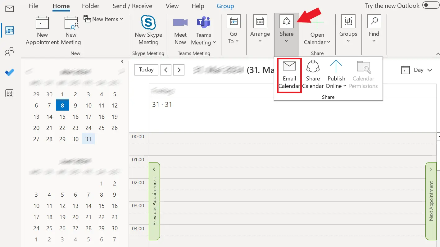 Image: Microsoft Outlook: View of the calendar toolbar in the “Home” tab