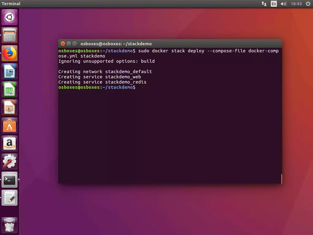 Image: The command “docker stack deploy” in the Ubuntu terminal