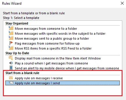 Outlook Rules Wizard: Rule selection Image: Outlook Rules Wizard: Rule selection
