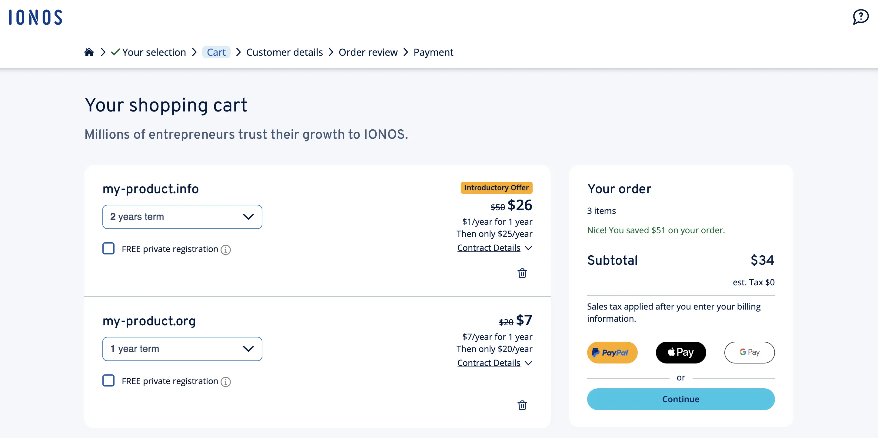 Image: Screenshot of the shopping cart at IONOS