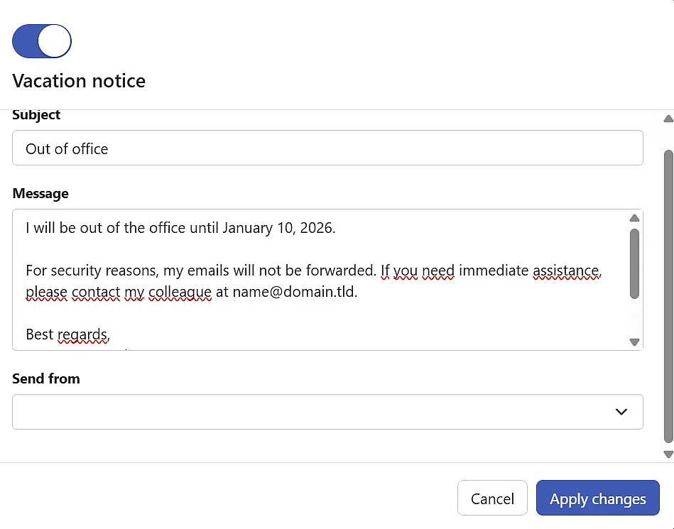 Image: Settings for the out-of-office notice in the IONOS Webmail interface