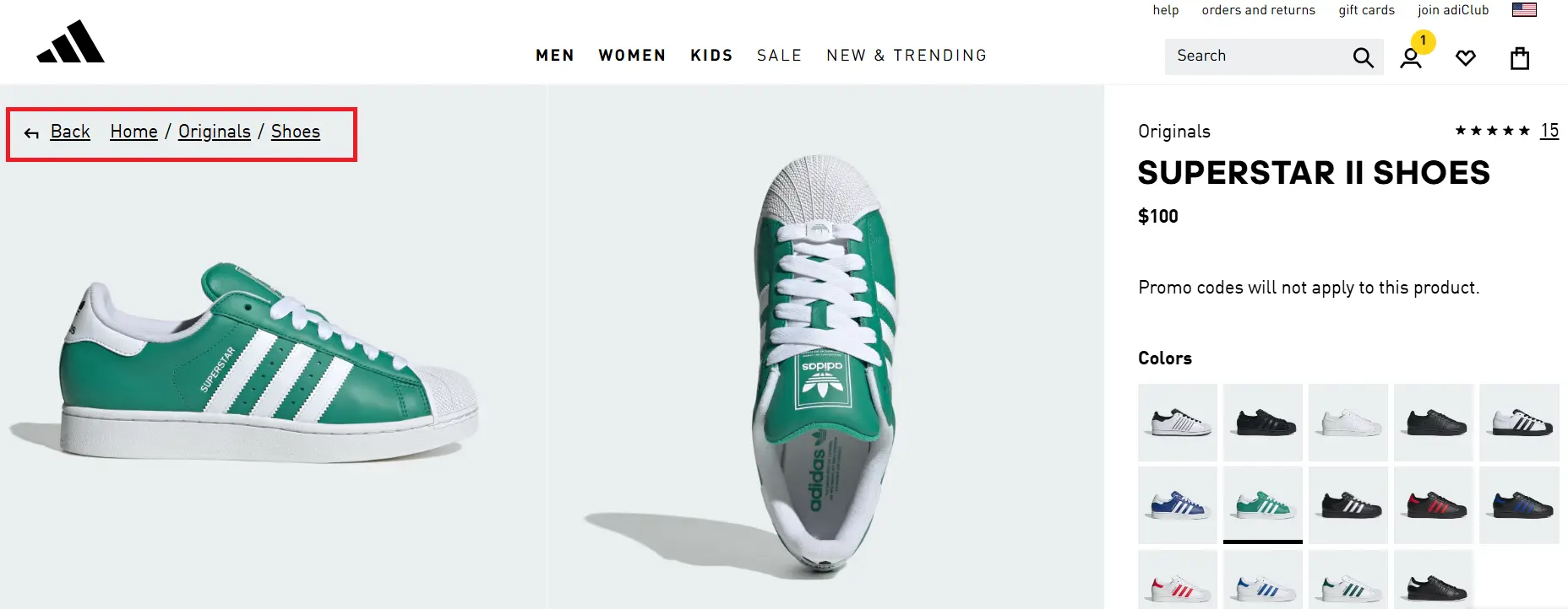 Image: Screenshot of the Adidas shoe category