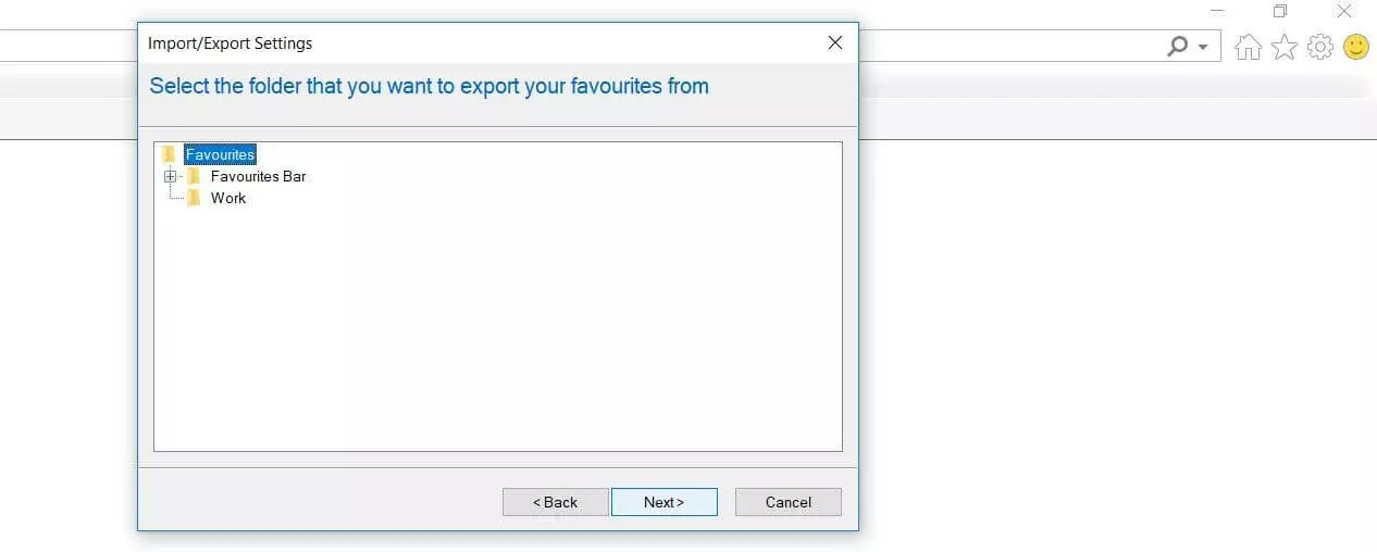 Image: Exporting Internet Explorer bookmarks: Folder selection