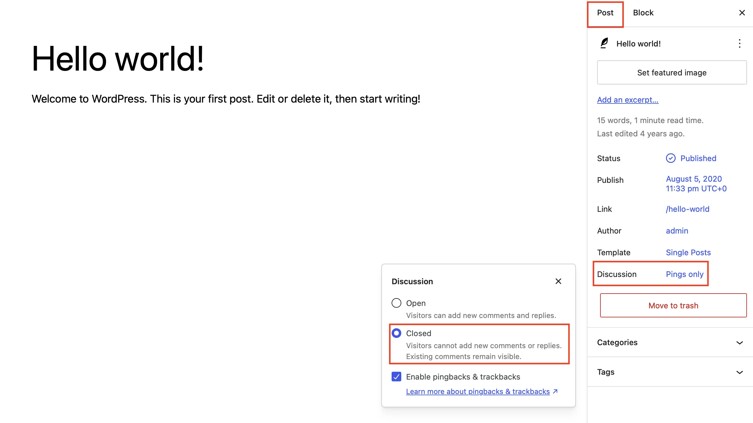 Right-hand sidebar in the Gutenberg editor, showing the “Discussion” section of the “Document” tab. Image: Right-hand sidebar in the Gutenberg editor, showing the “Discussion” section of the “Document” tab.