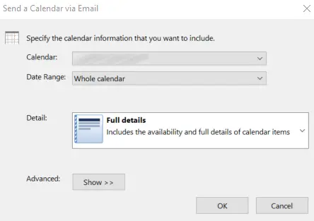 Image: Outlook: Dialog box “Send a Calendar via Email”