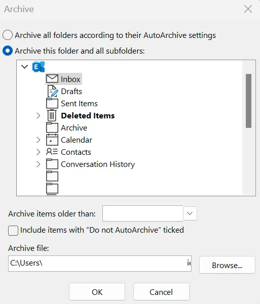 Microsoft Outlook: “Archive” window Image: Microsoft Outlook: “Archive” window