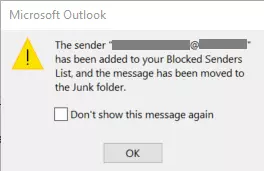 Image: Outlook message on blocked mail