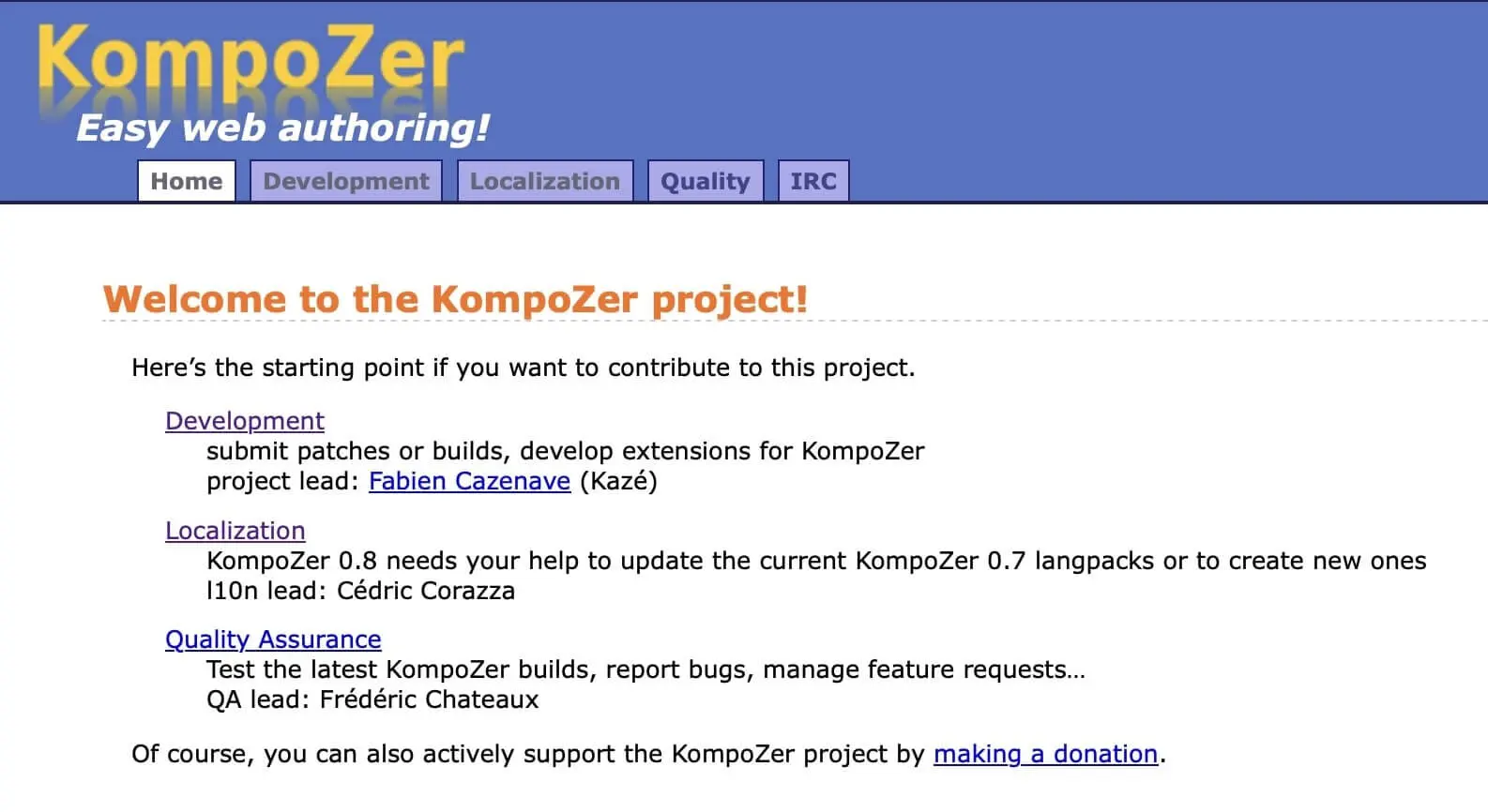 Screenshot of the KompoZer website Image: Screenshot of the KompoZer website