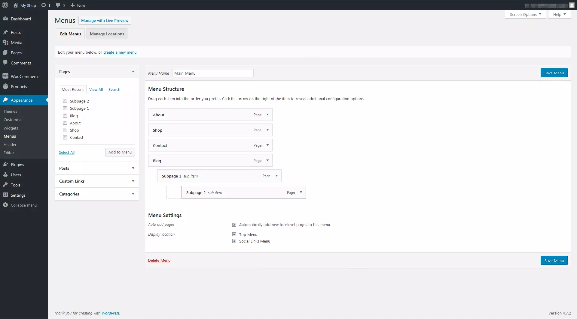 WooCommerce plugin: settings for the menu structure