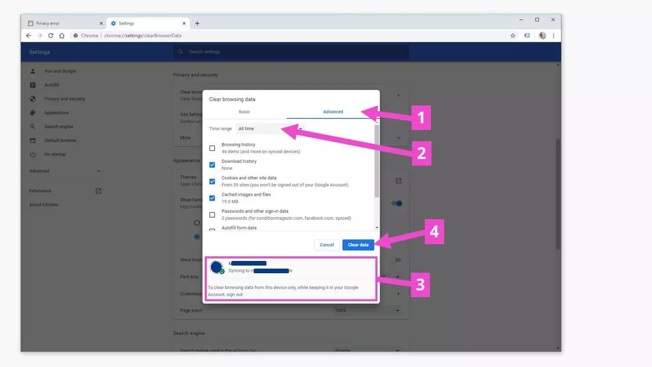 Chrome: Delete browsing data