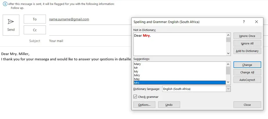 Image: Manual spell check in Outlook
