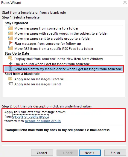 Outlook Rules Wizard: Selecting rule templates Image: Outlook Rules Wizard: Selecting rule templates