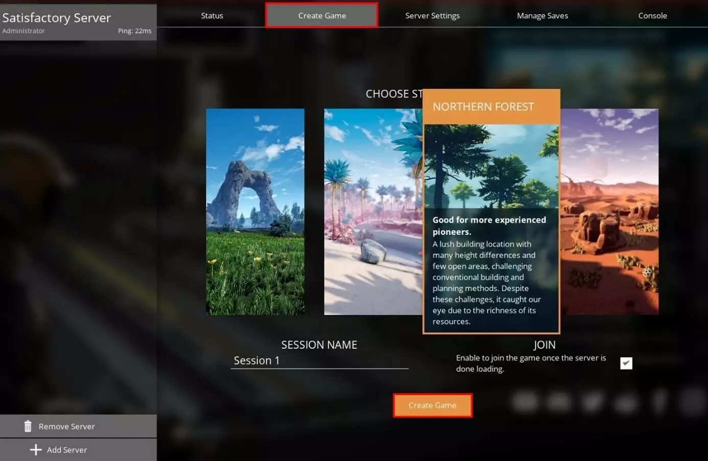 Satisfactory server: Create game in the client