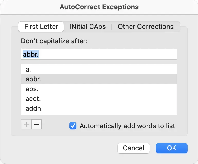 Image: Outlook for Mac: AutoCorrect exceptions