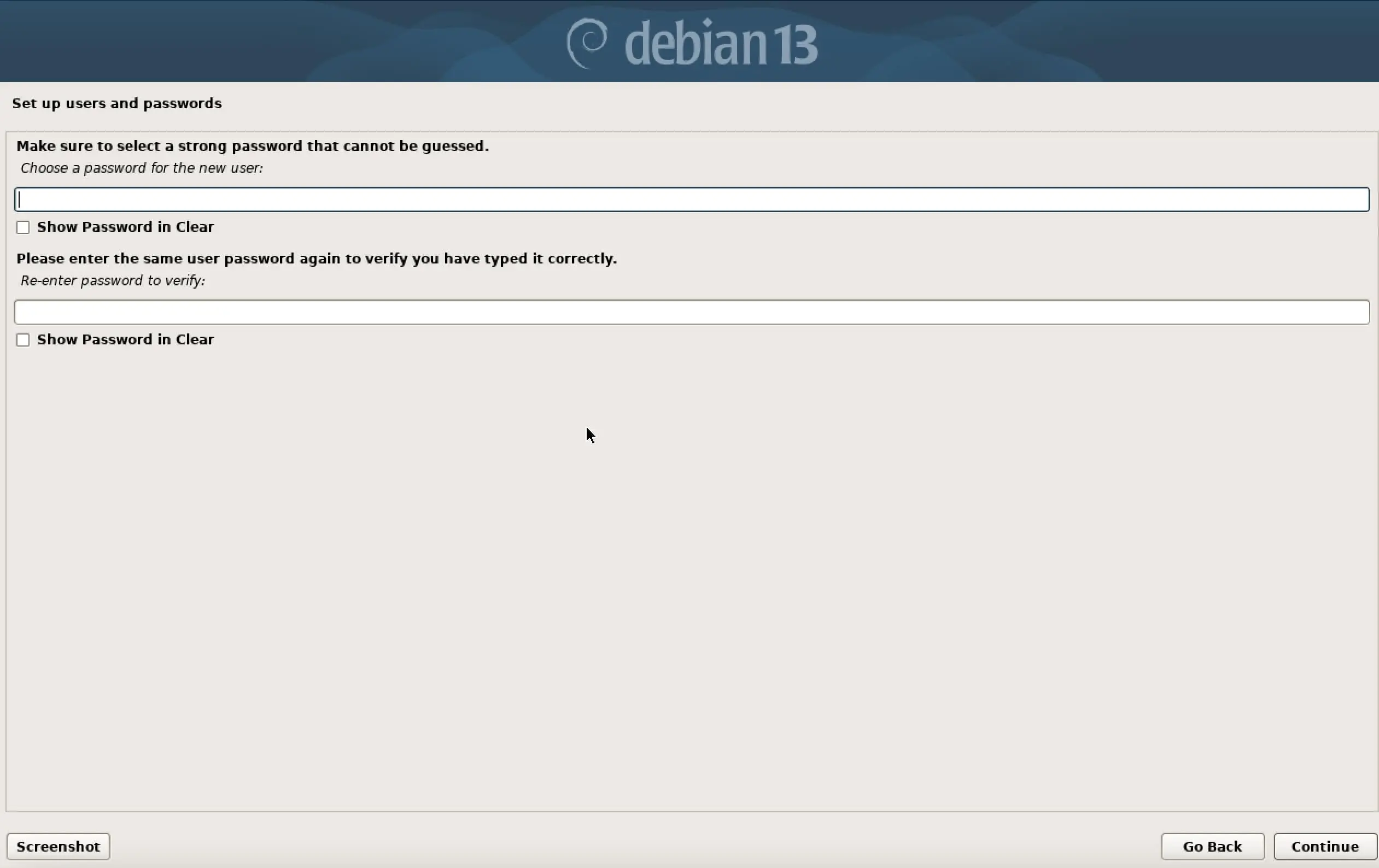 Screenshot of Debian 13 installation: Set Password for User Image: Screenshot of Debian 13 installation: Set Password for User