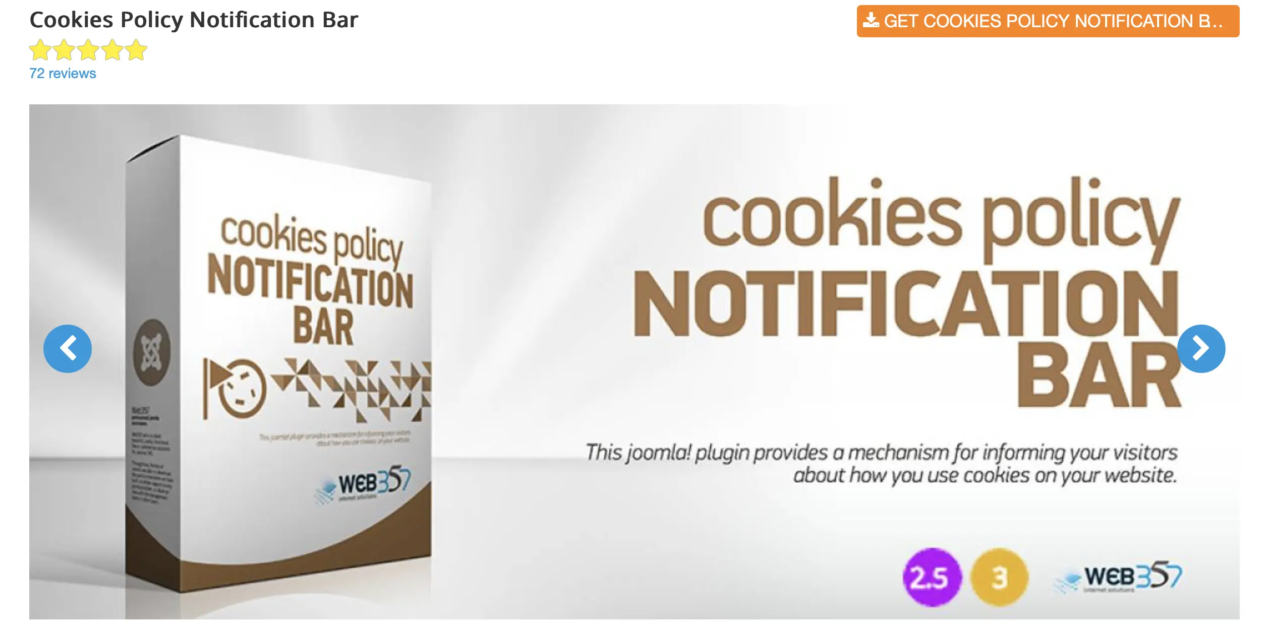 Image: Website screenshot of the Joomla extension Cookies Policy Notification Bar