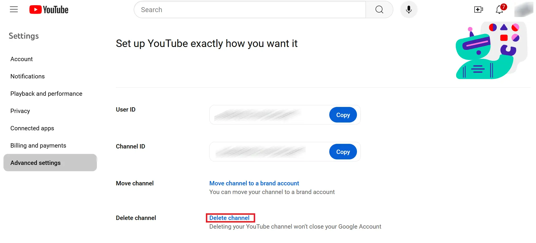 “Delete channel” in “Advanced settings” in YouTube Image: “Delete channel” in “Advanced settings” in YouTube