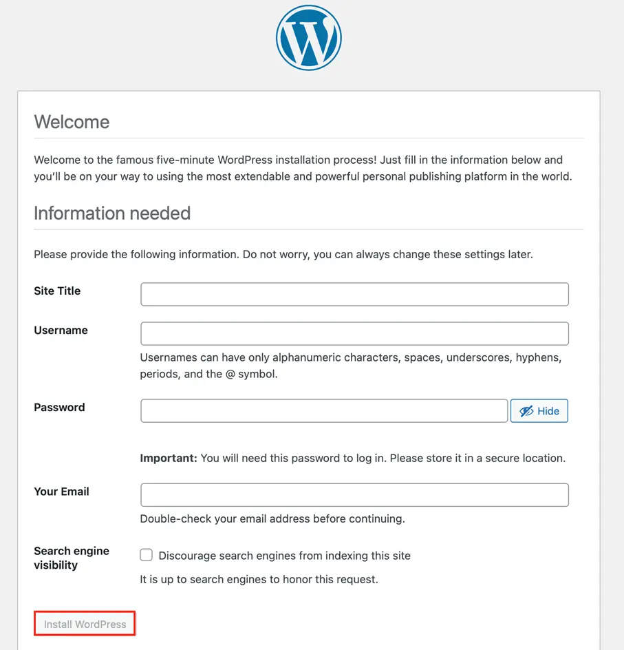 Screenshot of the WordPress installation: site info Image: Screenshot of the WordPress installation: site info