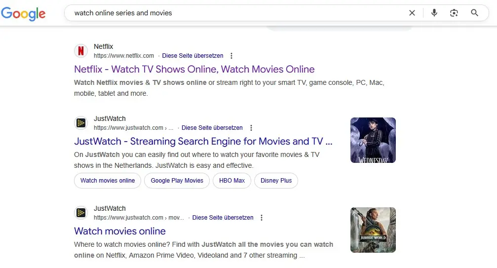Image: Google search query: &ldquo;Watch online series and movies&rdquo;