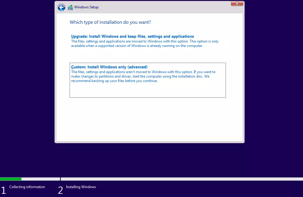 Image: Windows 11: select type of installation