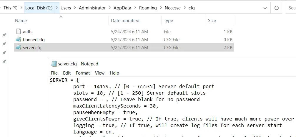 Necesse server: Open configuration file Image: Necesse server: Open configuration file