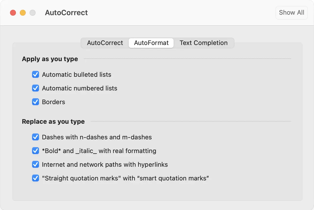 Image: Outlook for Mac: AutoFormat options