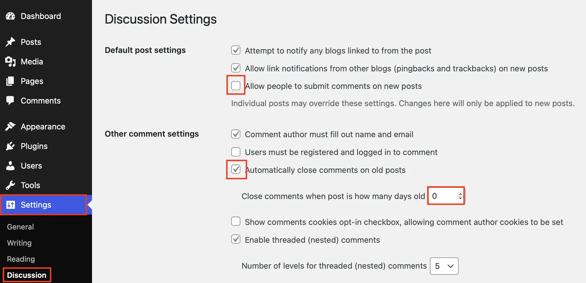 “Discussion Settings” page in the WordPress backend with options for disabling comments for the entire website Image: “Discussion Settings” page in the WordPress backend with options for disabling comments for the entire website