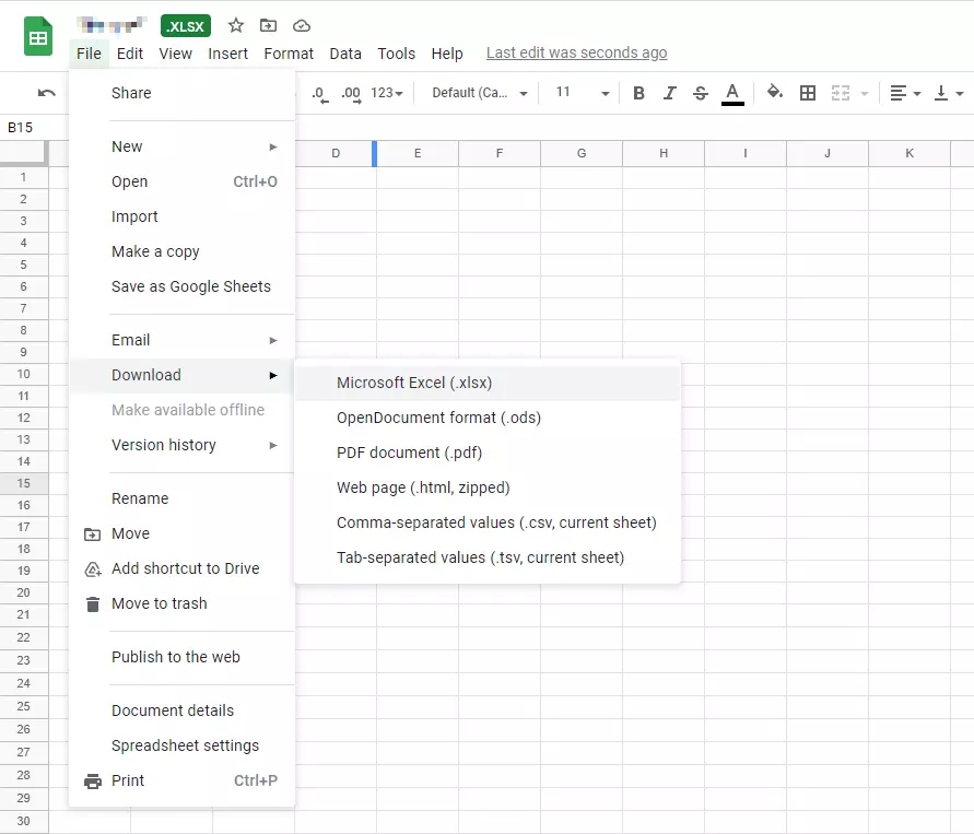 Image: Google Sheets: Download of edited Excel spreadsheet